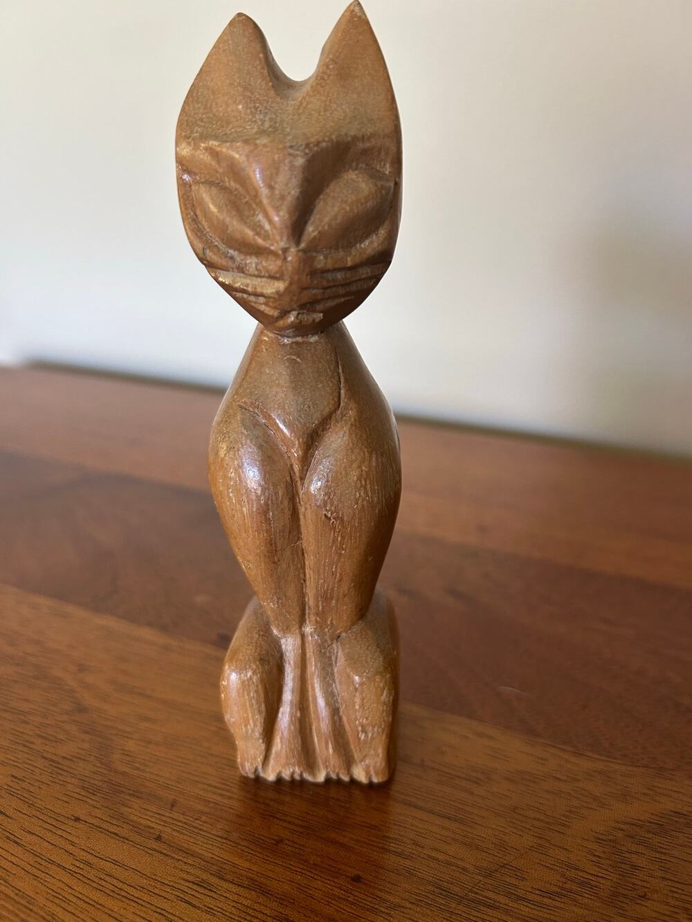 Vintage MCM Hand Carved Teak Siamese Cat Figurine